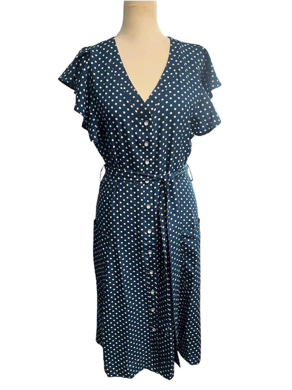NWOT Navy Blue and White Polka Dot Midi Dress with Flutter Sleeves / Medium - Picture 2 of 7